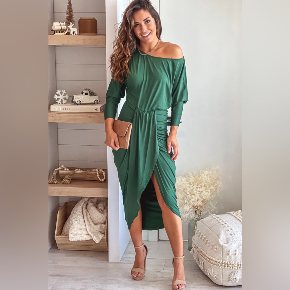 Hunter Green One Shoulder Ruched Dress NWT